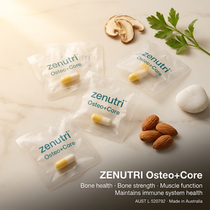 Zenutri Osteo+Core daily sealed packs — bone health, bone strength and muscle function support — AUST L 520792 — Made in Australia
