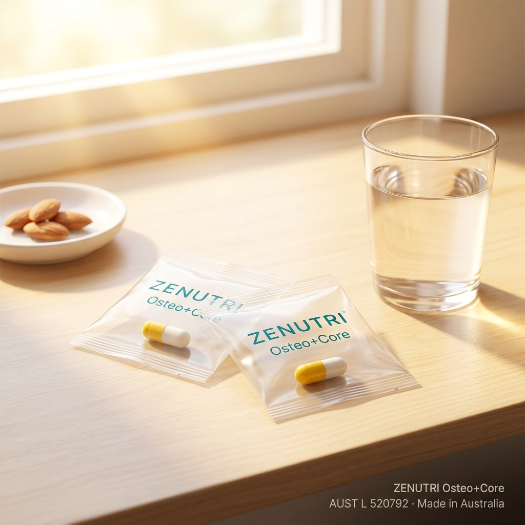 Zenutri Osteo+Core daily sealed pack in a morning routine setting — AUST L 520792 — Made in Australia