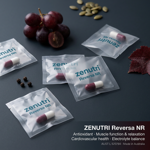 Zenutri Reversa NR daily sealed packs — antioxidant, muscle function, electrolyte balance and cardiovascular health support — AUST L 520794 — Made in Australia