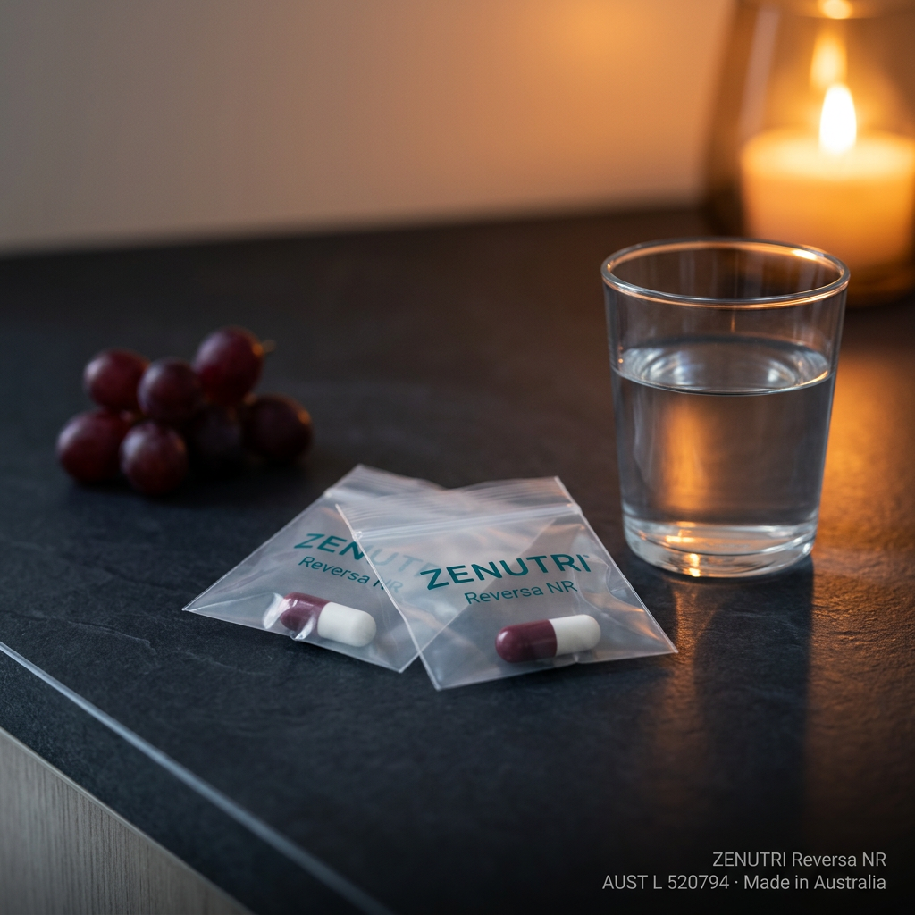 Zenutri Reversa NR daily sealed pack in an evening wind-down setting — AUST L 520794 — Made in Australia