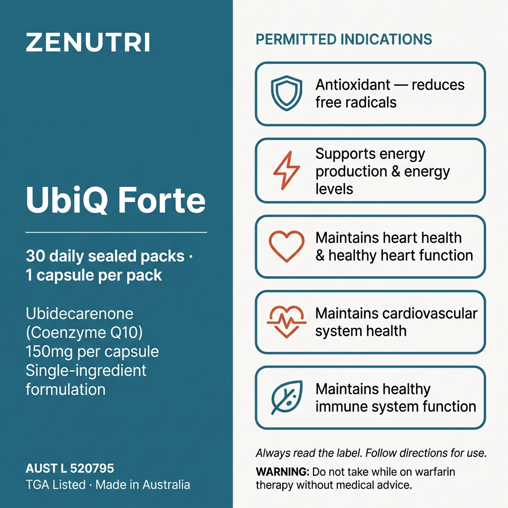 Zenutri UbiQ Forte benefits panel — antioxidant, energy production, heart health, cardiovascular system health and immune system function — AUST L 520795 — Made in Australia