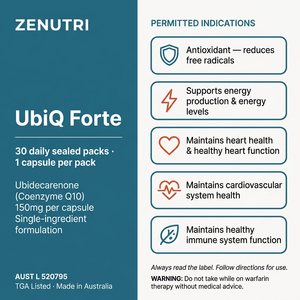 Zenutri UbiQ Forte benefits panel — antioxidant, energy production, heart health, cardiovascular system health and immune system function — AUST L 520795 — Made in Australia