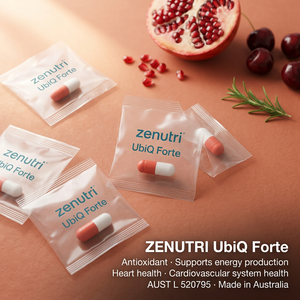 Zenutri UbiQ Forte daily sealed packs — antioxidant, energy production, heart health and cardiovascular system health support — AUST L 520795 — Made in Australia