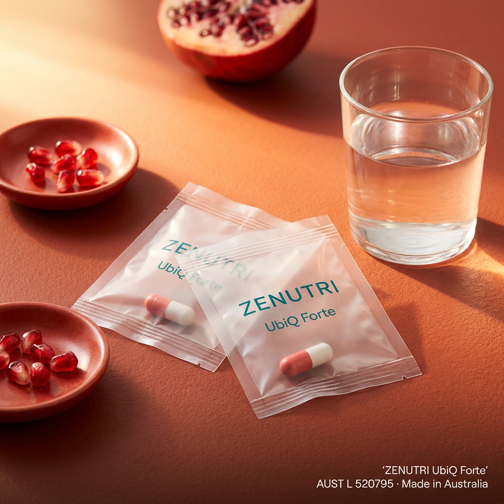 Zenutri UbiQ Forte daily sealed pack in a bright morning energy setting — AUST L 520795 — Made in Australia