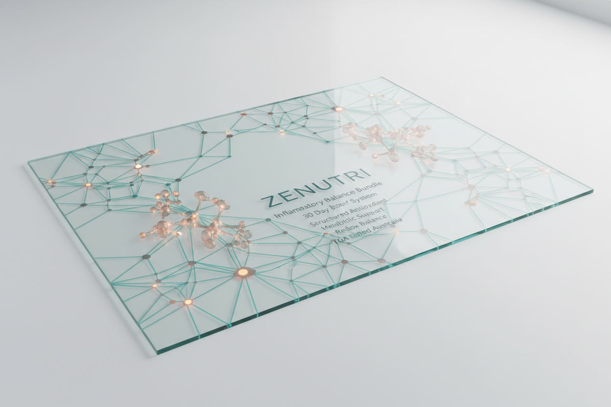 Glass placemat with geometric design and 'ZENUTRI' branding on a white background