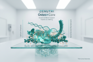 Zenutri Osteo+Core supplement packaging with DNA model on a glass platform in a clinical setting.