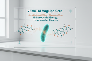 ZENUTRI MagLipo Core supplement packaging with molecular structures on a white surface.